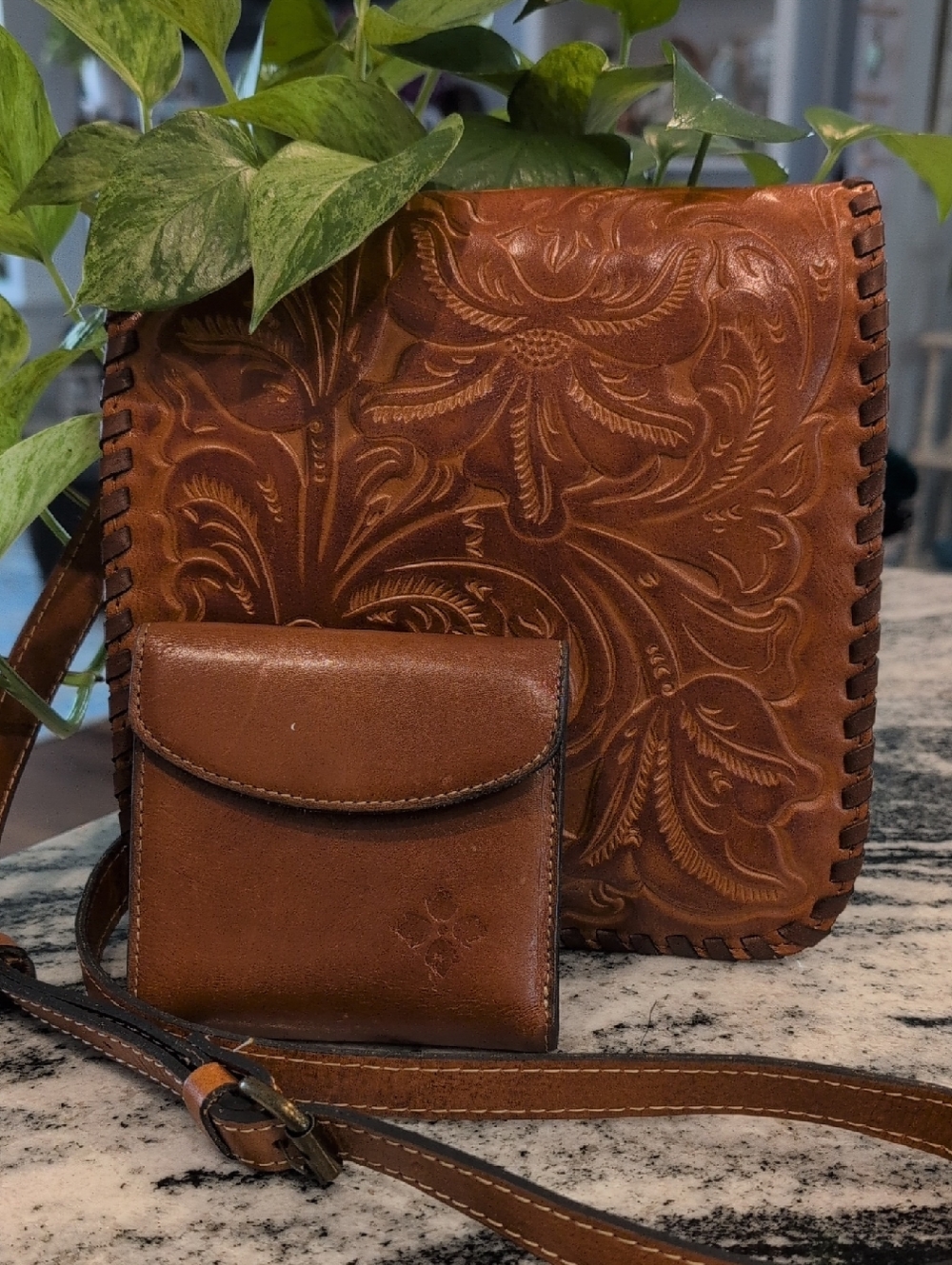 Patricia Nash Hand-Tooled Leather Crossbody w/Matching Wallet